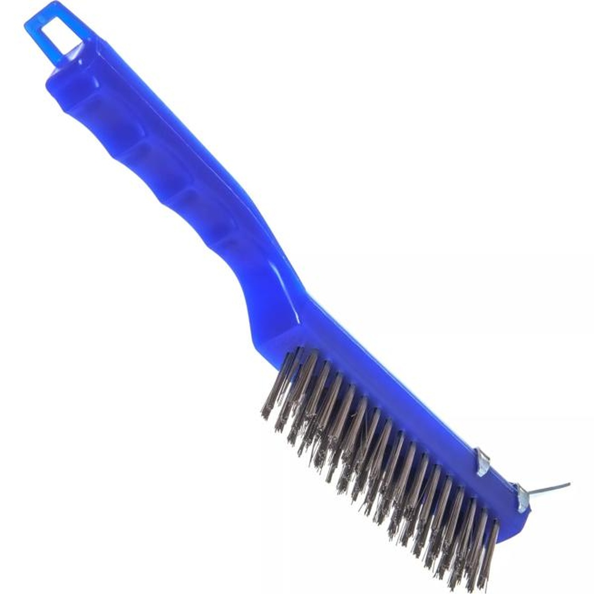 Angled top view of Sparta scratch brush highlighting blue handle hang-up loop and bristle head