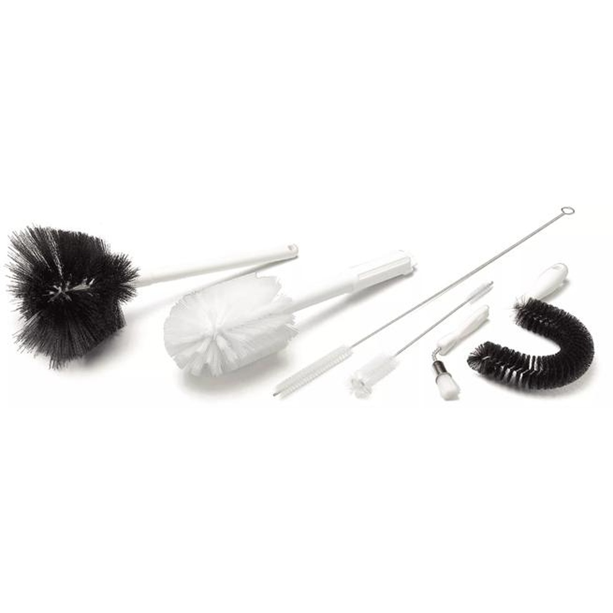 Sparta brush product family assortment showing various urn, decanter, and equipment brushes in black and white