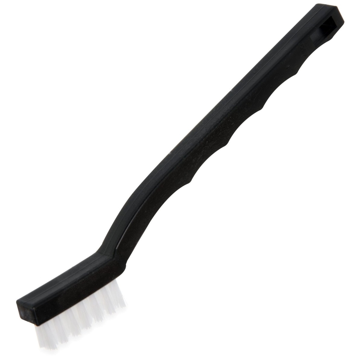 Flo-Pac utility toothbrush style maintenance brush with black polypropylene handle and white nylon bristles, diagonal view
