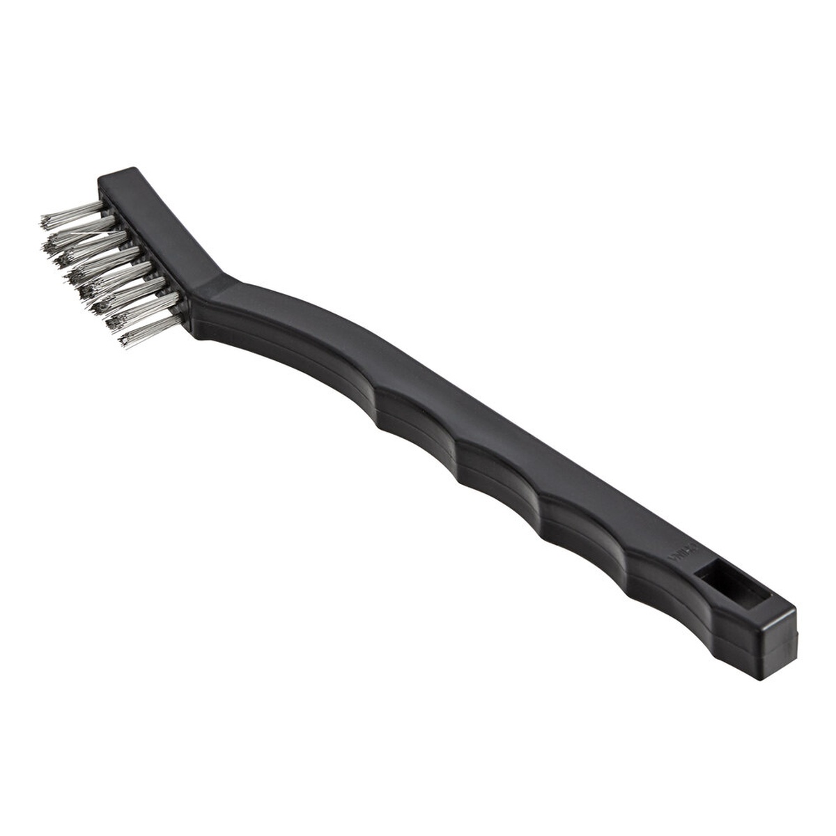 Flo-Pac utility brush with black polypropylene handle and crimped stainless steel bristles against white background