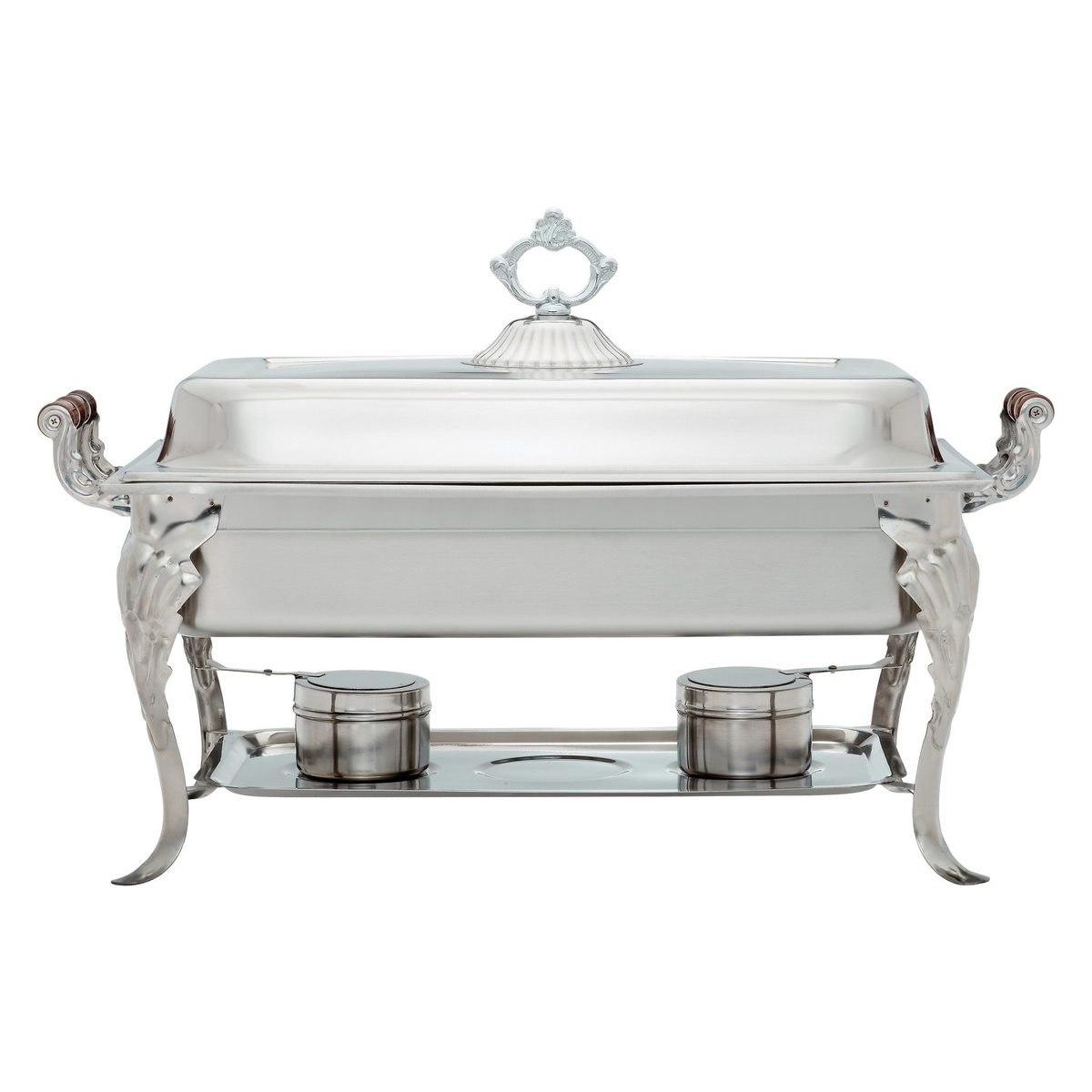 Winco 408-1 Crown Collection full-size chafer, straight-on front view showing wooden side handles and dual fuel holders on the stainless steel stand