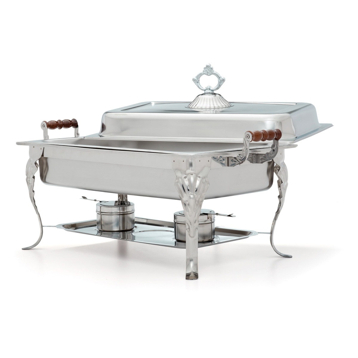 Winco 408-1 Crown Collection chafer with lid lifted to reveal full-size stainless steel food pan and water pan inside the ornate stand