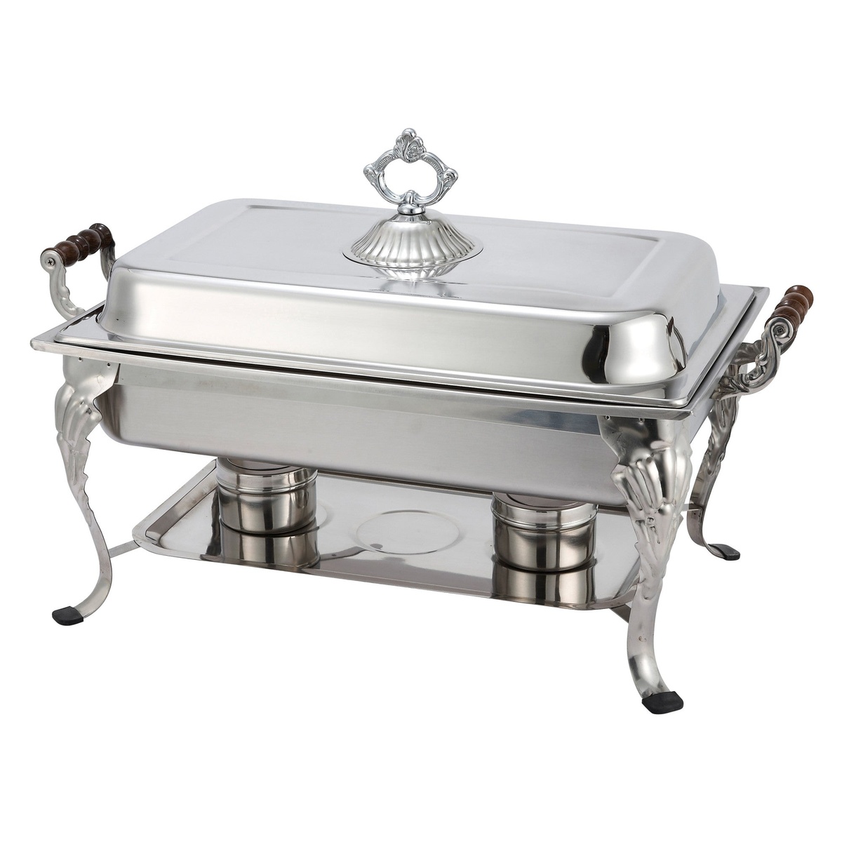Winco 408-1 Crown Collection 8-quart full-size rectangular chafer with ornate stainless steel stand, wooden handles, and decorative lid finial, angled view