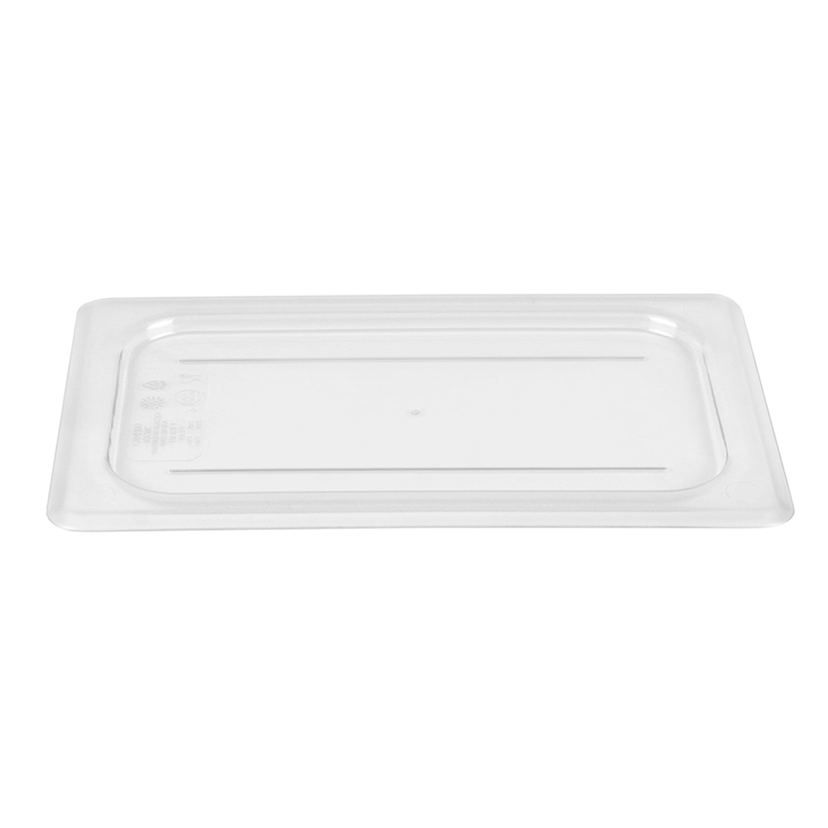 Cambro 40CWC135 clear food pan cover viewed from a low front angle showing flat lid surface and molded rim