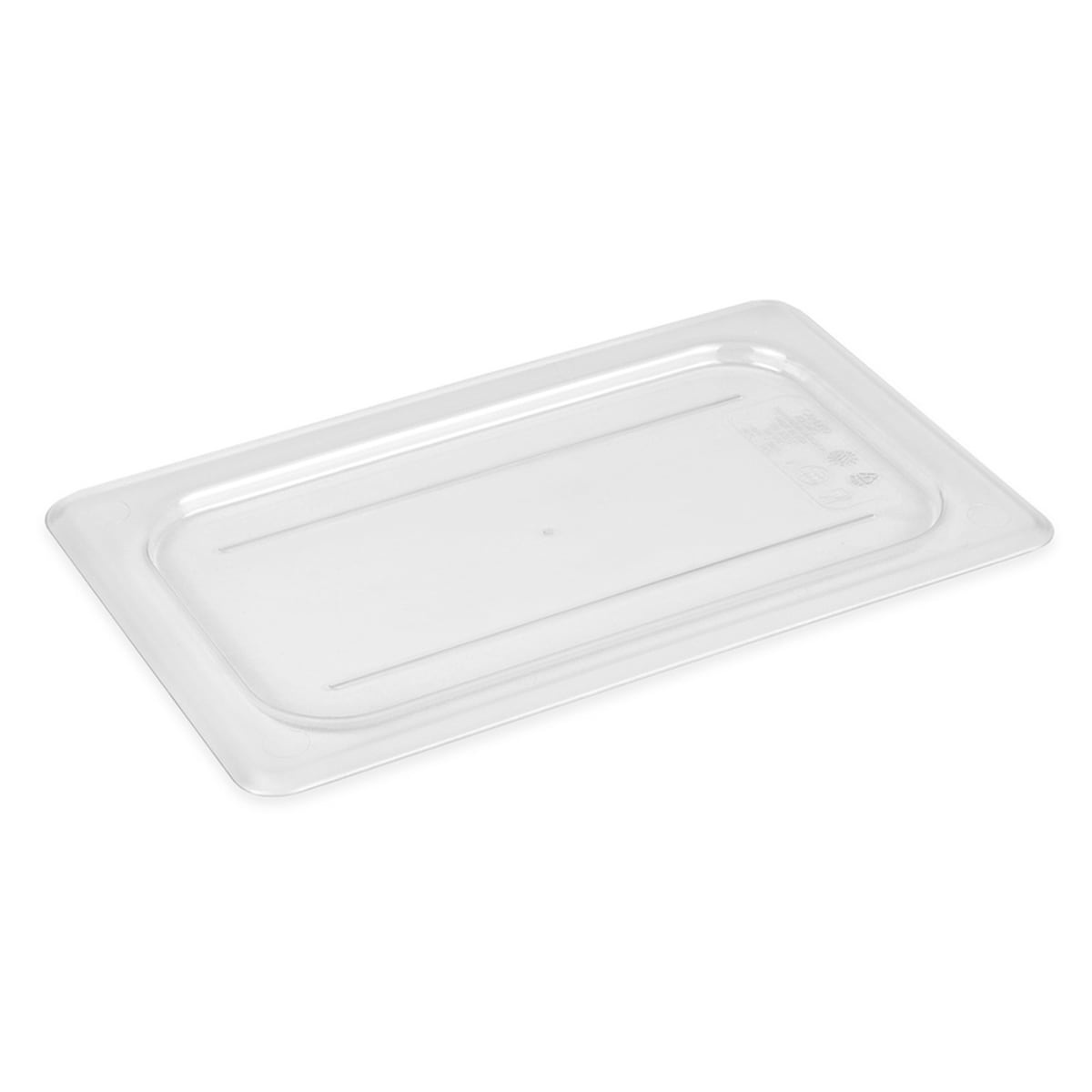 Cambro 40CWC135 clear polycarbonate quarter-size flat food pan cover, angled three-quarter view