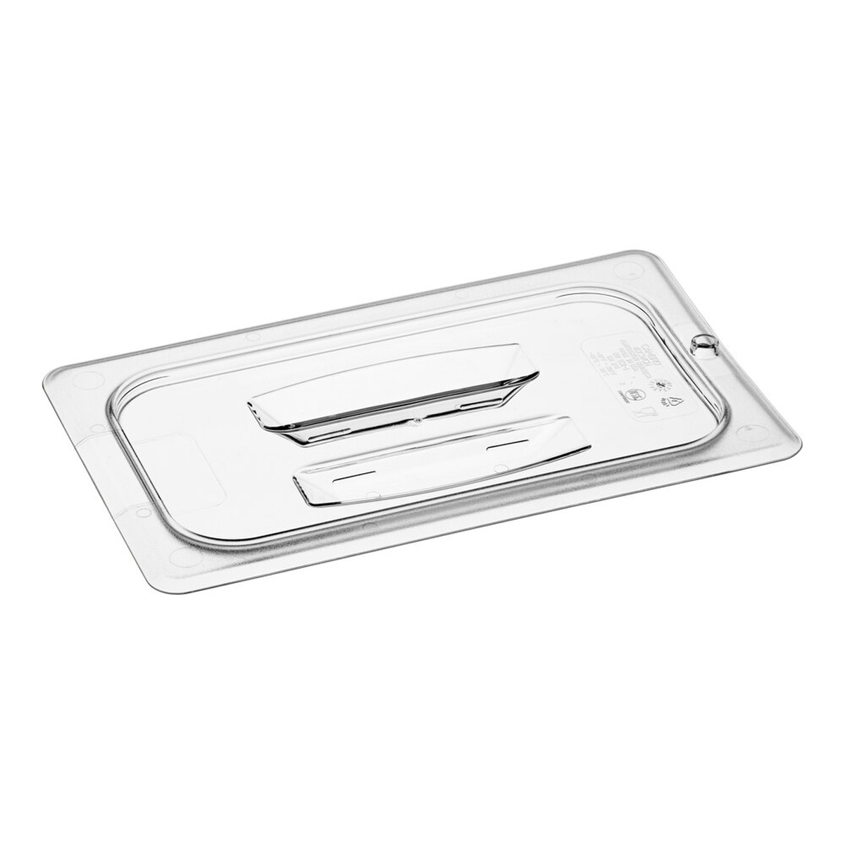 Cambro 40CWCH135 clear polycarbonate 1/4 size food pan lid with deep molded handle and peg hole, product view on white background