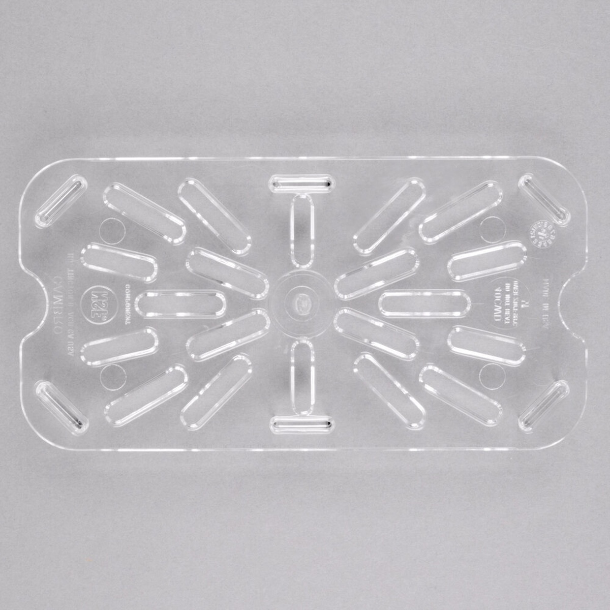 Cambro 40CWD135 clear polycarbonate 1/4 size drain shelf viewed from above, showing perforated drainage slots and finger notch