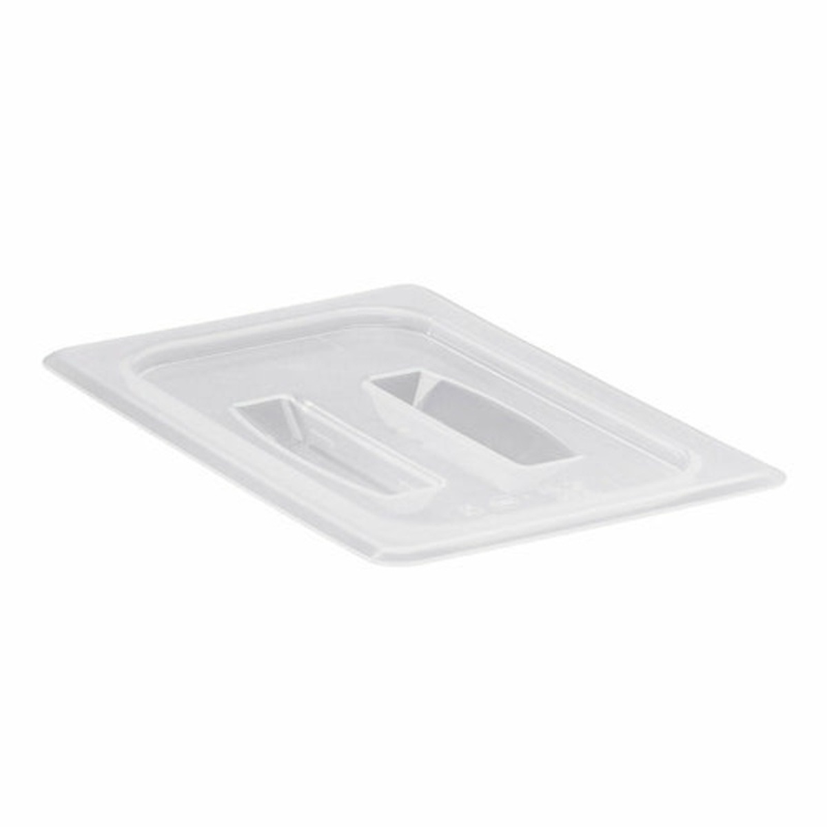 Cambro 40PPCH190 1/4 size translucent polypropylene food pan cover with deep molded handle, angled view