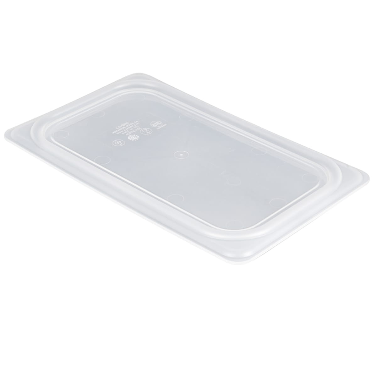 Cambro 40PPCWSC190 translucent polypropylene 1/4 size food pan seal cover, angled perspective view