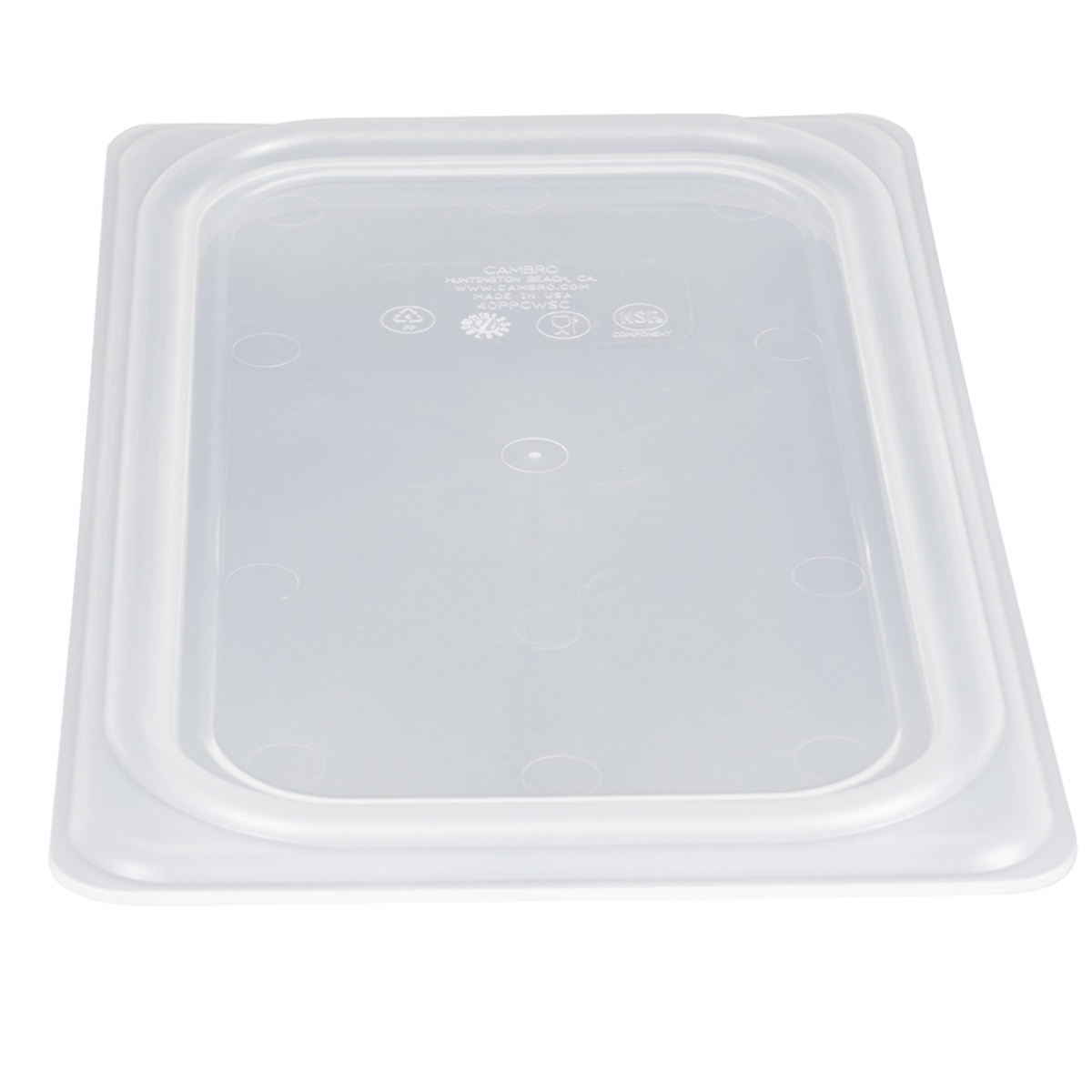 Cambro 40PPCWSC190 seal cover angled overhead view showing inner seal edge detail and NSF markings