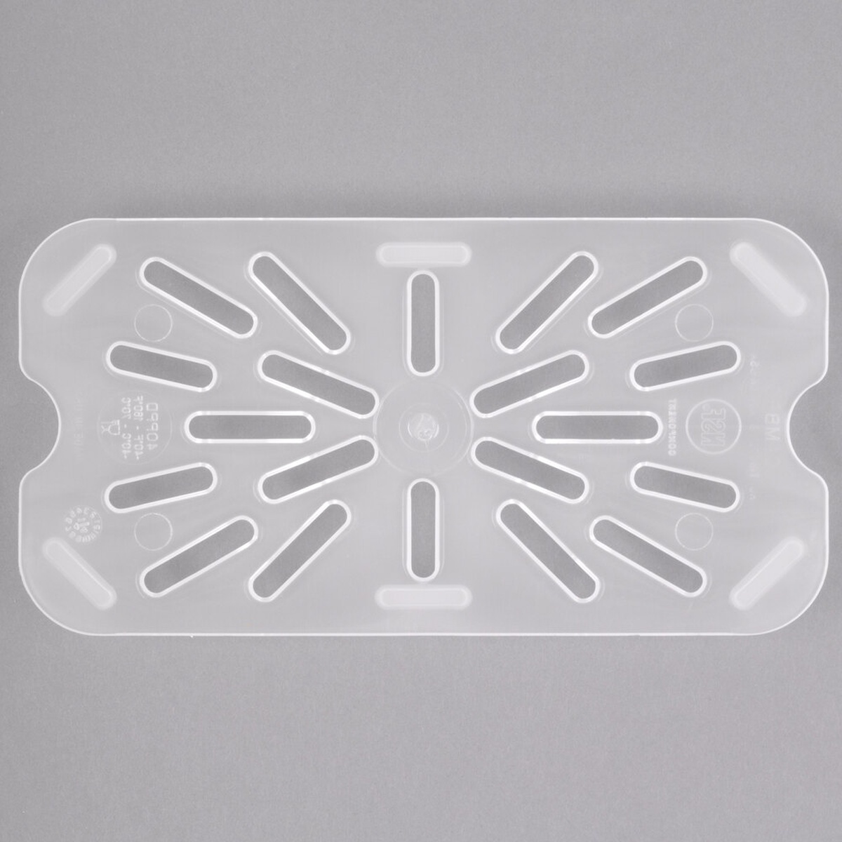 Cambro 40PPD190 1/4 size translucent polypropylene drain shelf viewed from above, showing radial drainage slots and corner support feet