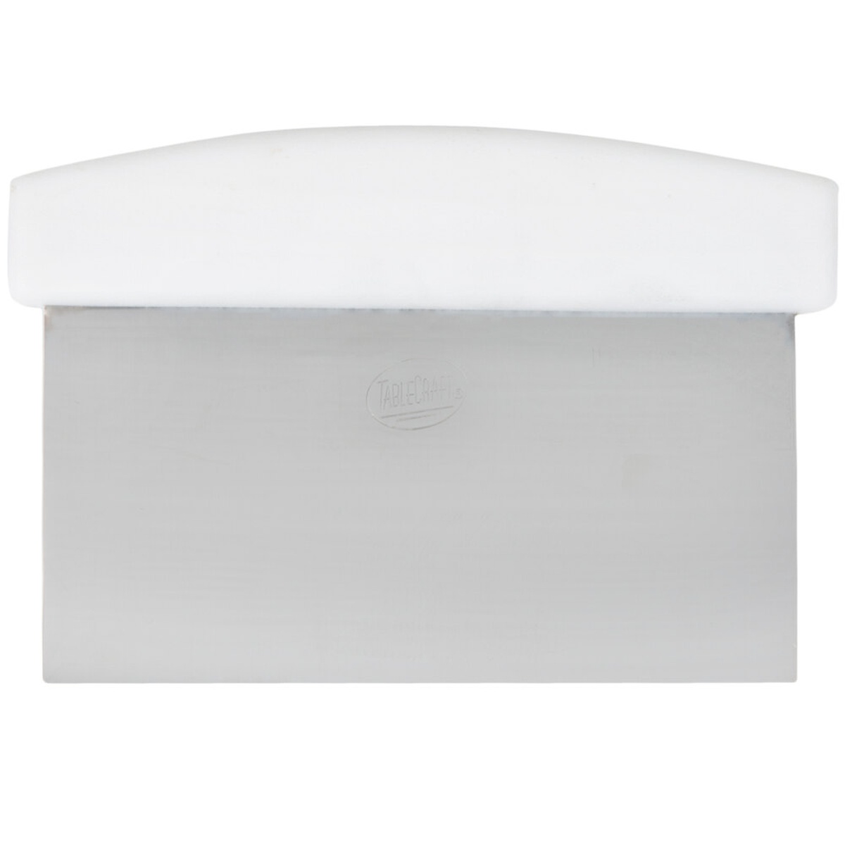 TableCraft 4103W stainless steel dough cutter with white plastic handle, product front view