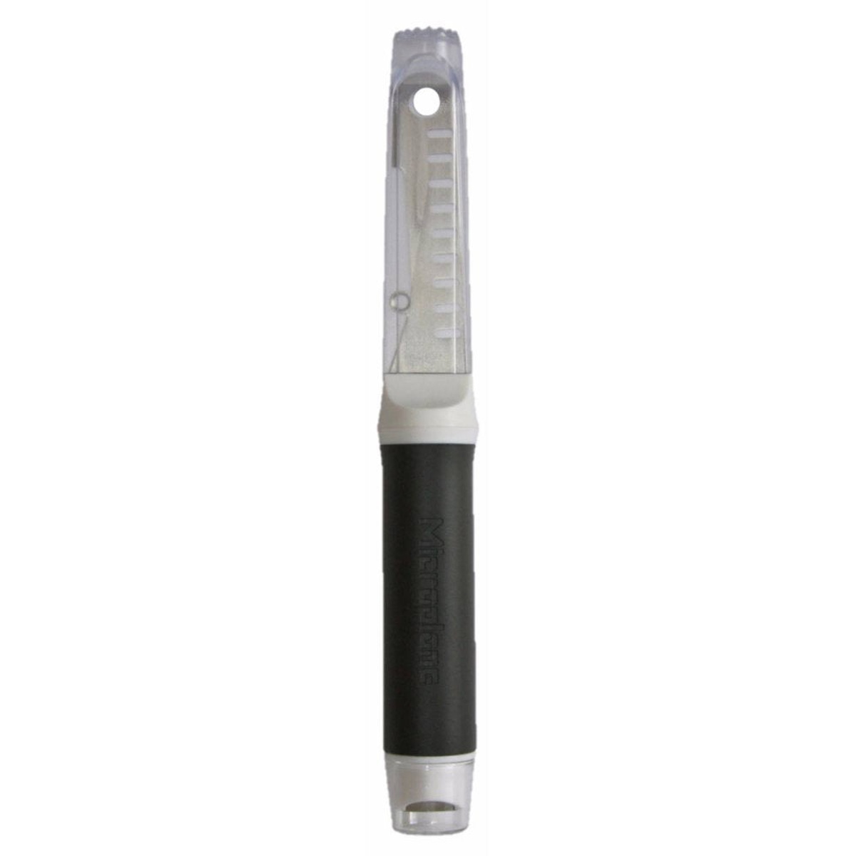 Microplane 7-in-1 Ultimate Bar Tool model 41060 with black soft-touch handle, clear protective cover, and stainless steel blade