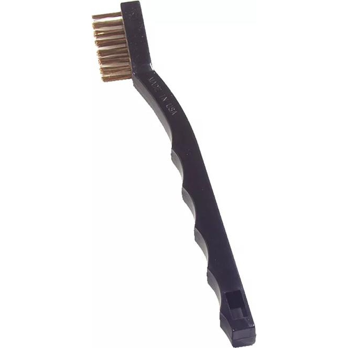 Angled view of Flo-Pac utility brush highlighting brass bristle head and ergonomic black handle