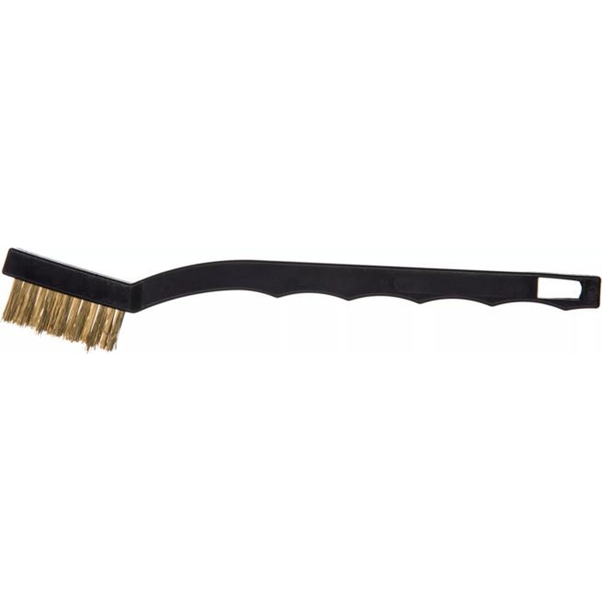 Side profile of Flo-Pac utility brush showing full handle length and hang-up hole at end