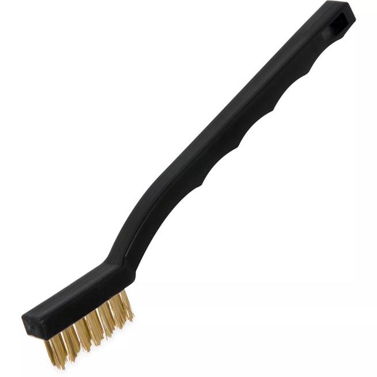 Flo-Pac utility toothbrush with brass bristles and black polypropylene handle, full product view