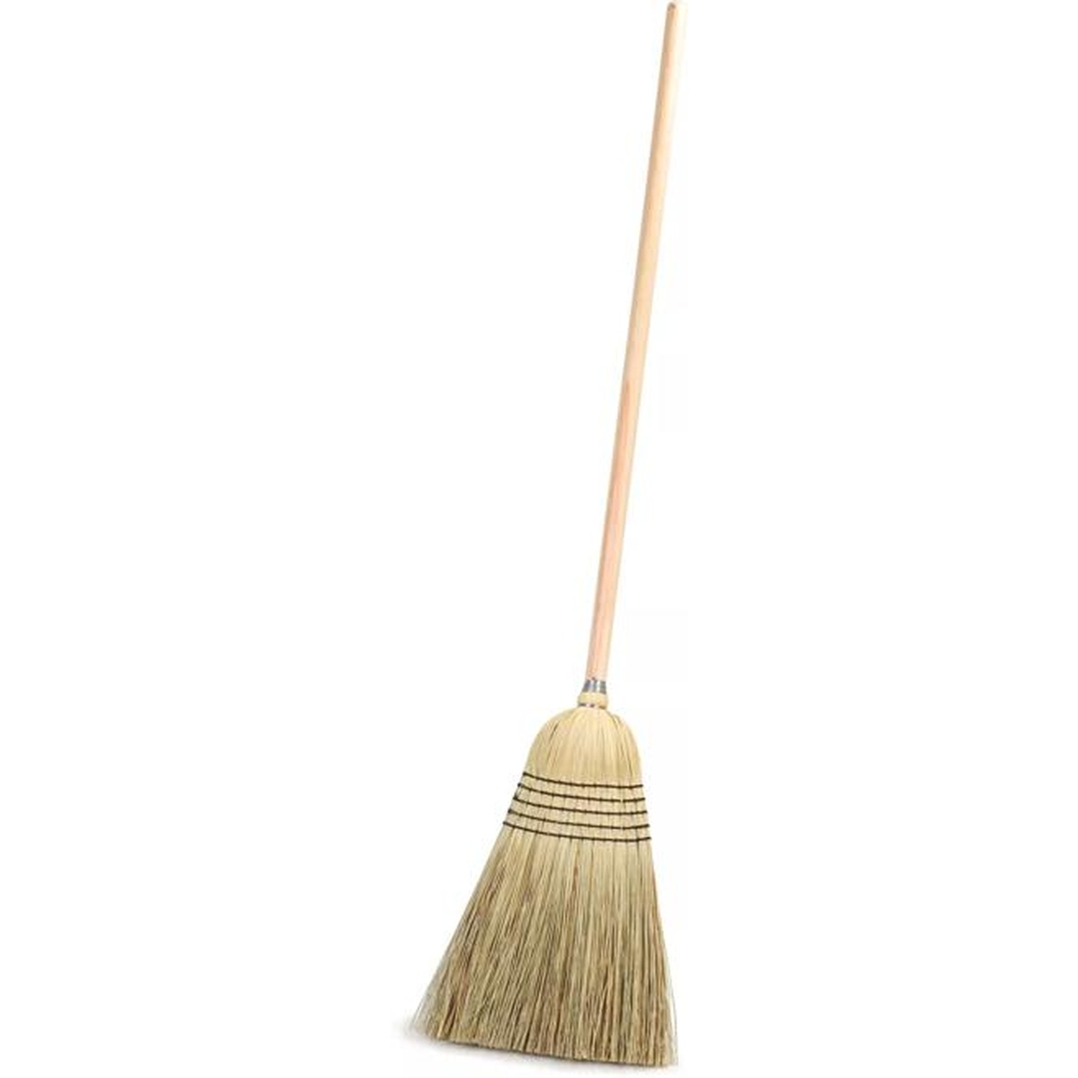 Sparta corn broom upright view showing natural-colored blended bristle head and wood handle