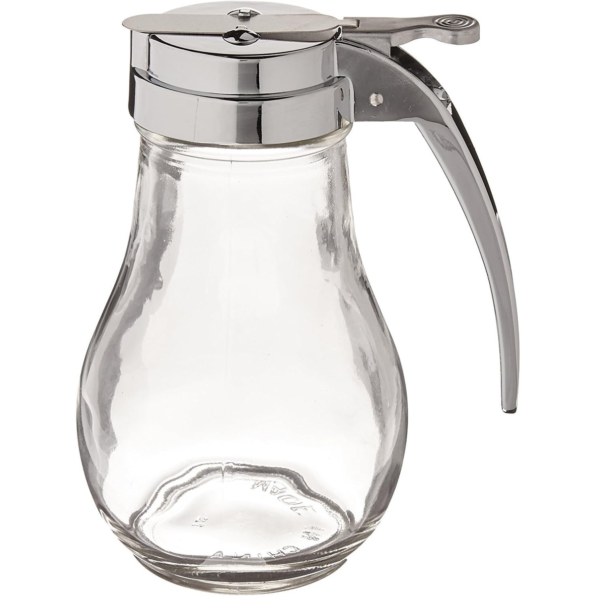 Tablecraft 414 14 oz clear teardrop glass syrup dispenser with chrome-plated metal top and thumb-press lever