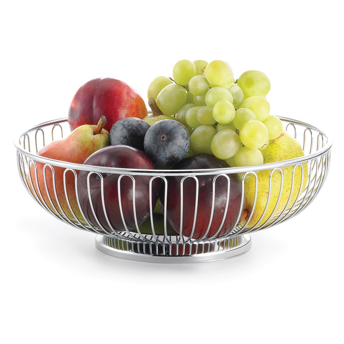 TableCraft 4170 chrome wire basket filled with mixed fresh fruit including apples, grapes, pears, and plums
