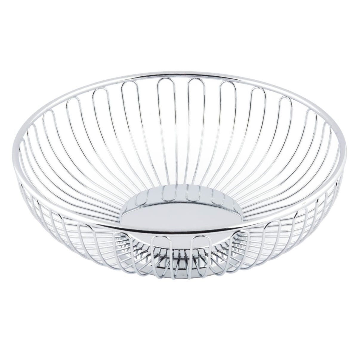 TableCraft 4170 chrome wire basket viewed from above at an angle, showing mirror-finish solid base and wire rib pattern