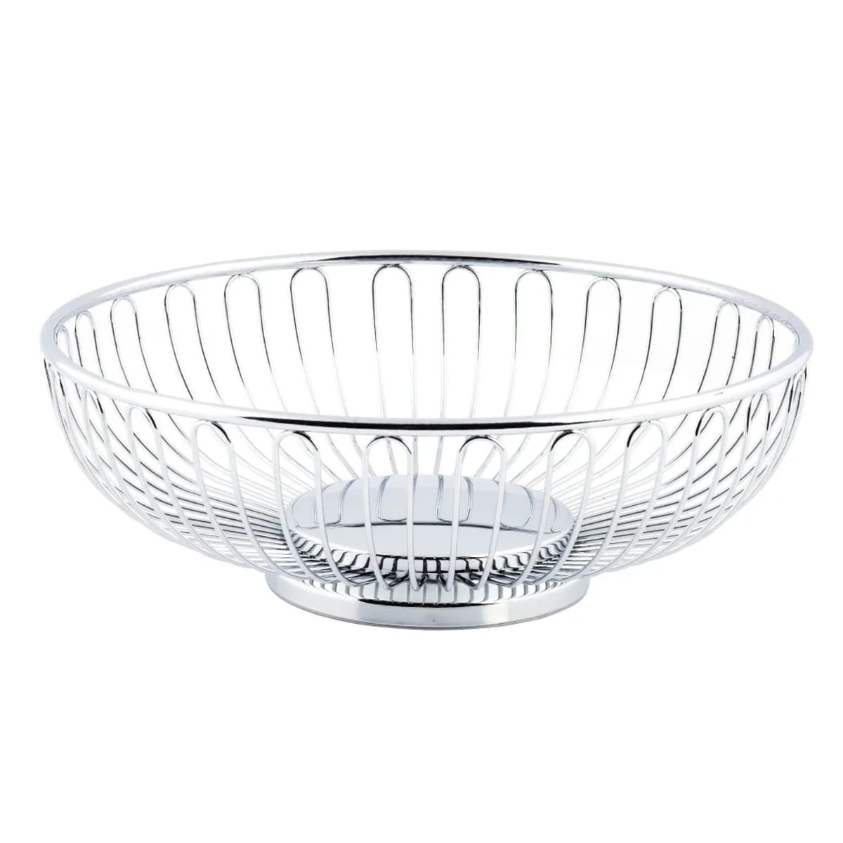 TableCraft 4170 round chrome wire Chalet basket, side profile view showing looped rib design and pedestal foot