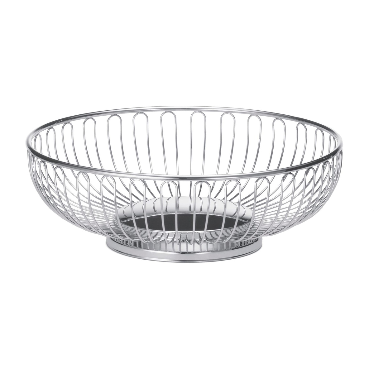 TableCraft 4175 Chalet round chrome wire basket, angled side view