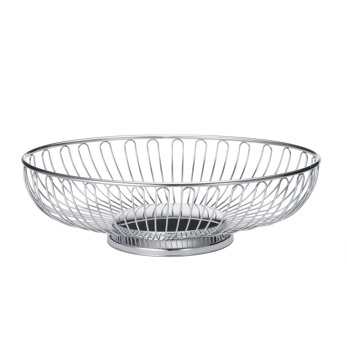TableCraft 4176 Chalet Collection chrome-plated oval wire basket with looped ribs, mirror bottom, and pedestal base