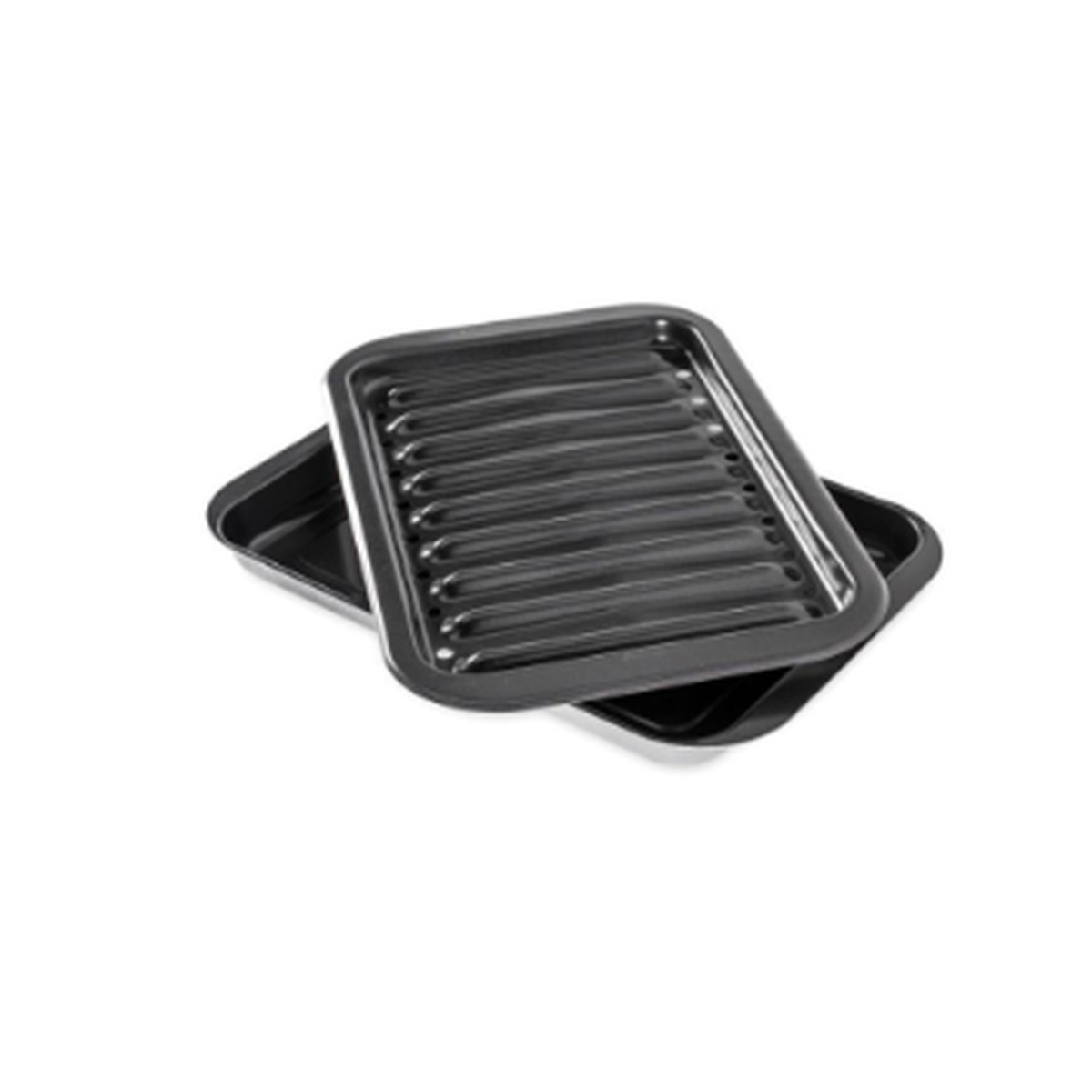 Nordic Ware 41831 2-piece broiler pan set showing ribbed broiling rack and flat drip pan in dark non-stick finish