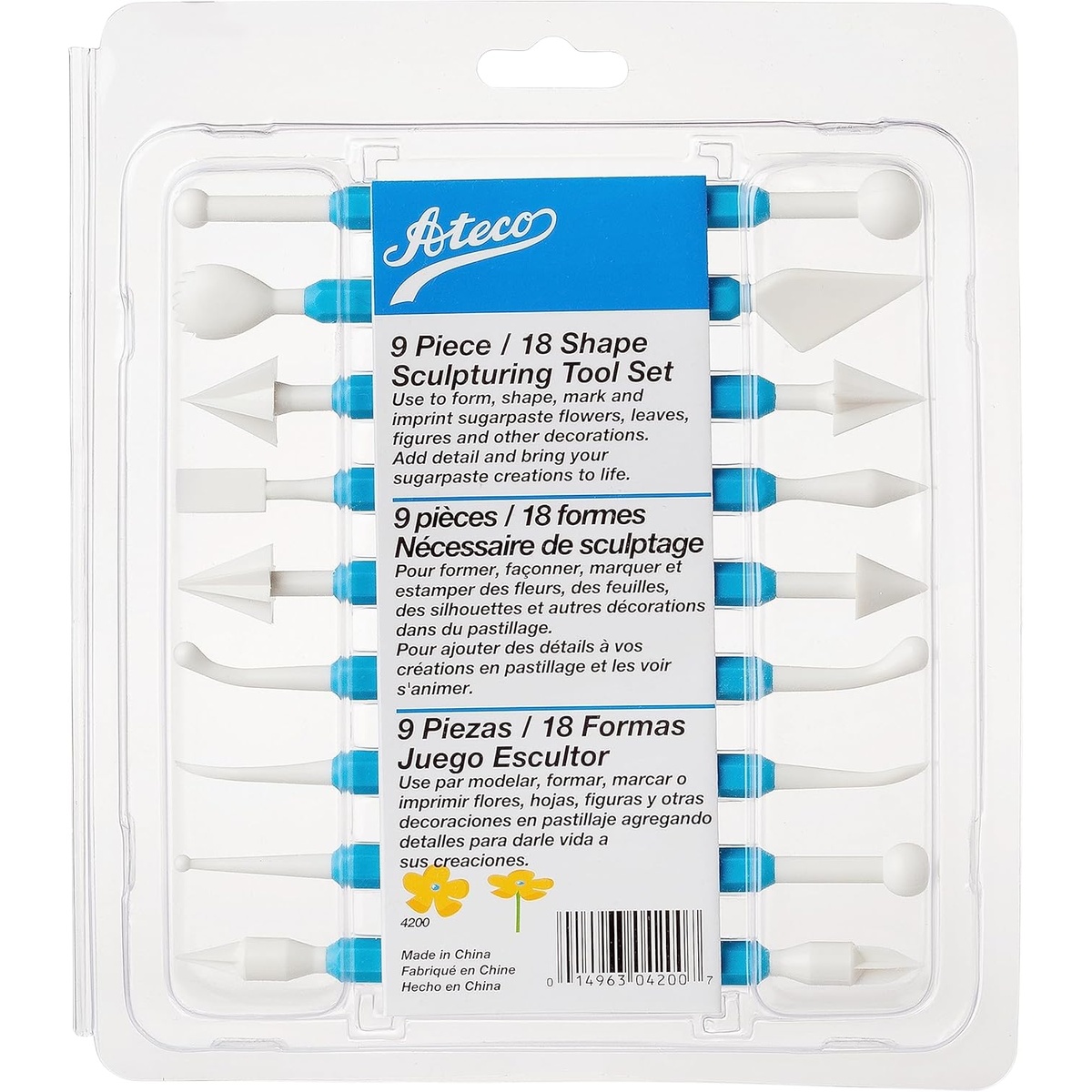 Ateco 4200 9-piece 18-shape sculpting tool set displayed in clear packaging showing all double-ended tools