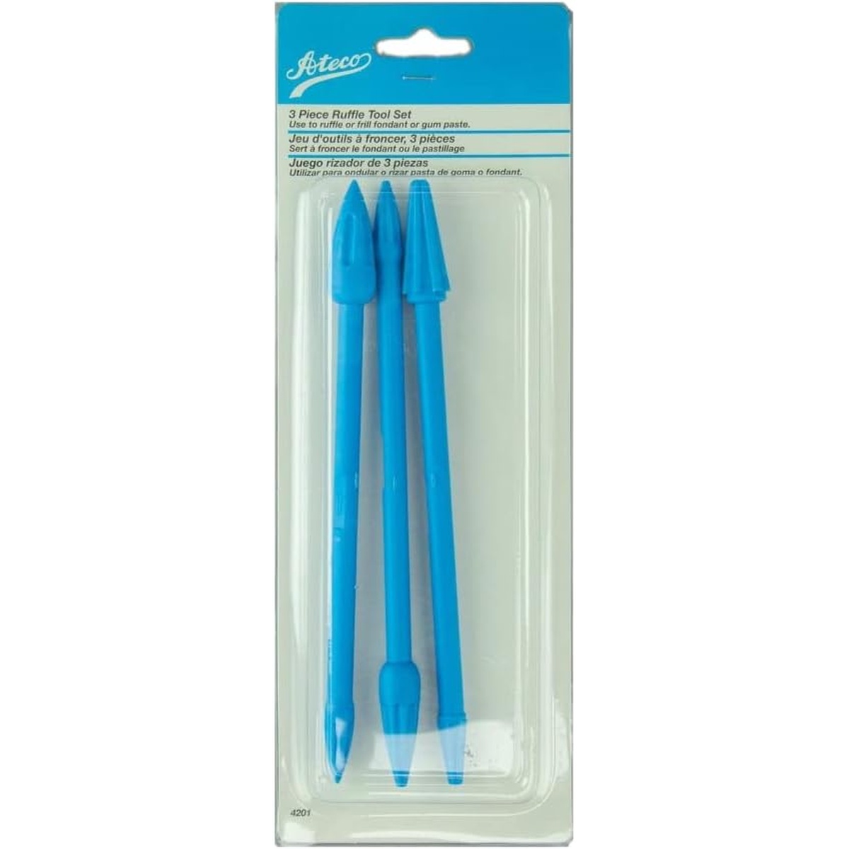 Ateco 4201 3-piece ruffle tool set with three blue double-ended fondant decorating tools in retail packaging
