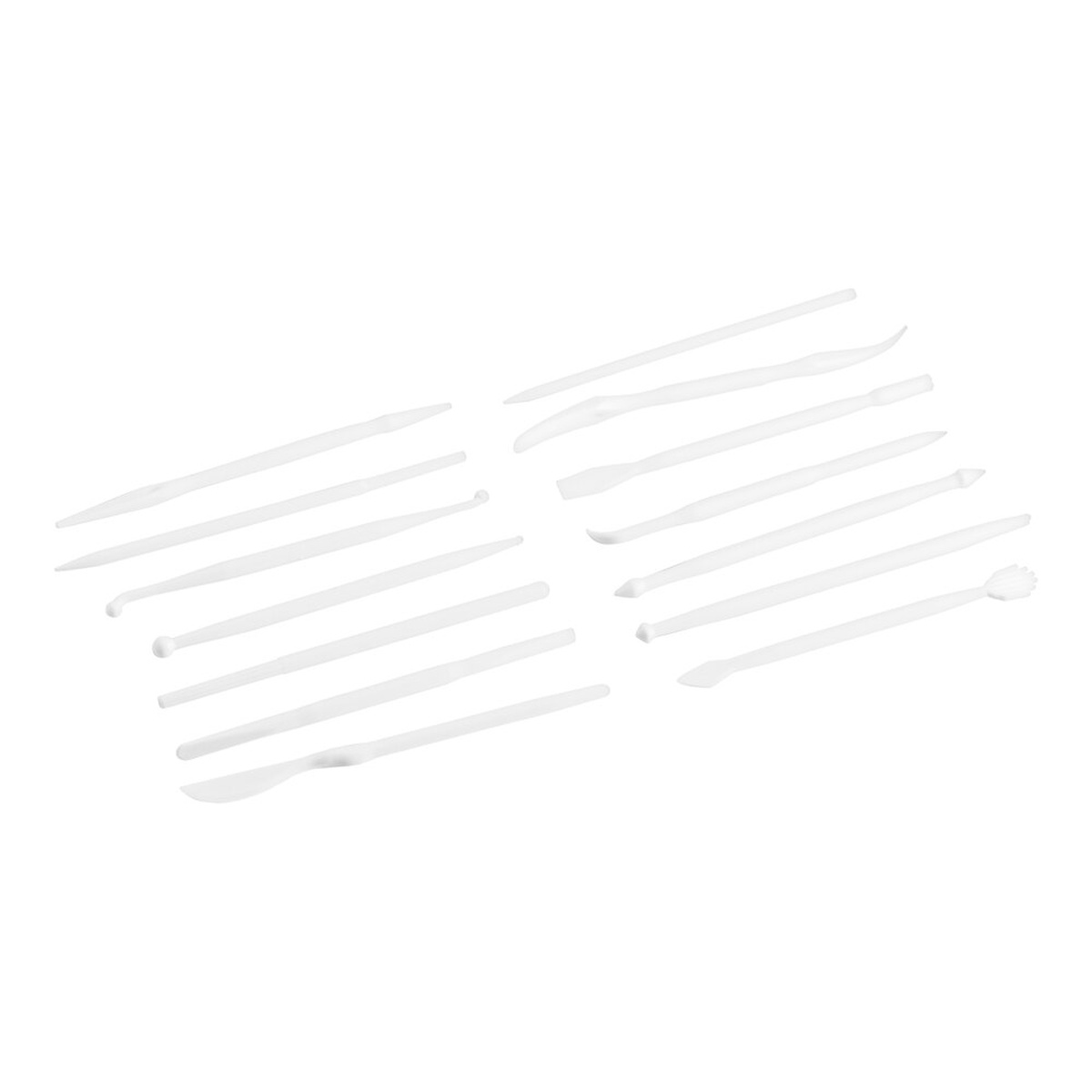 14 white plastic mini sculpturing tools with varied tip shapes spread out on a white background