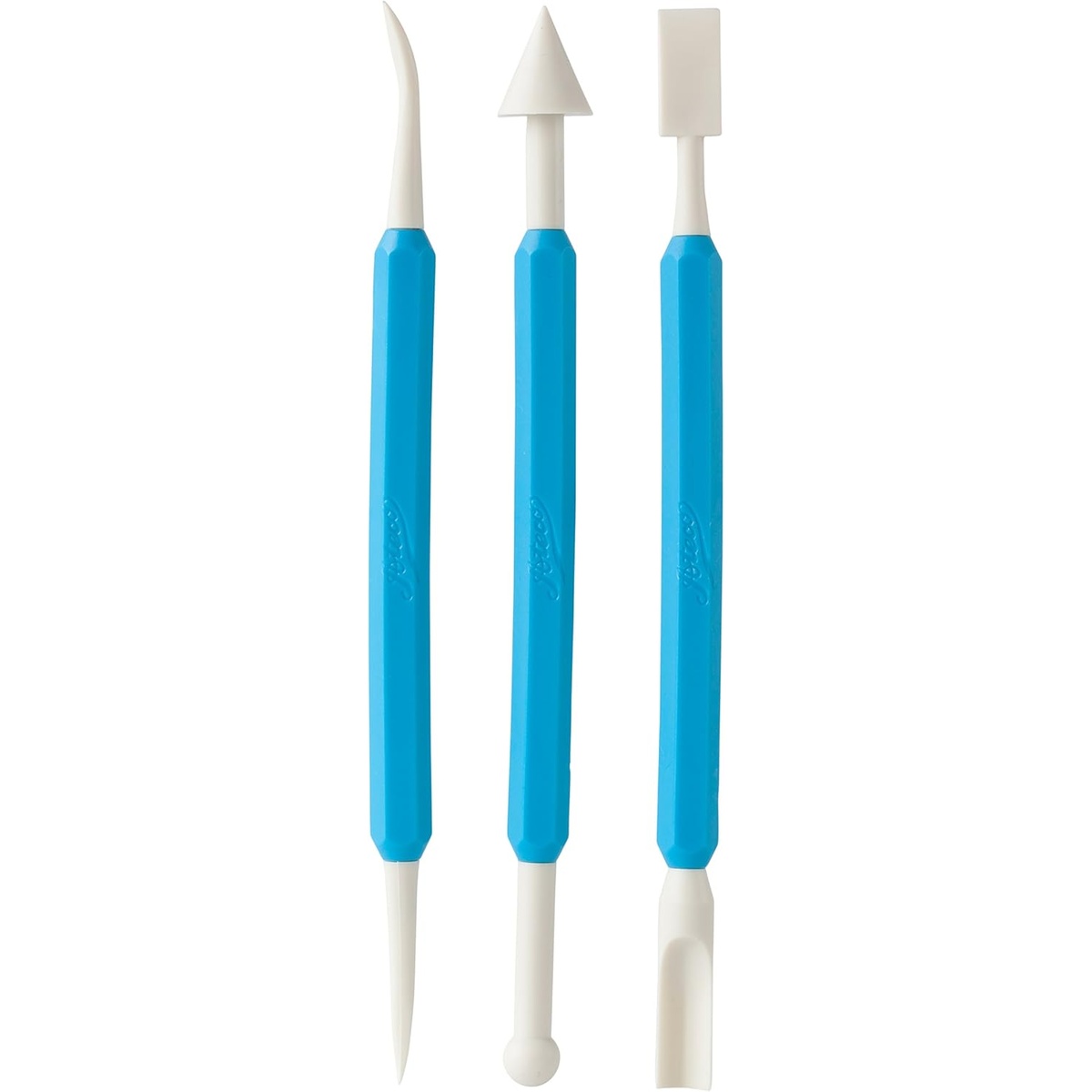 Ateco 4205 three-piece fondant sculpting tool set with blue handles and white double-ended tips