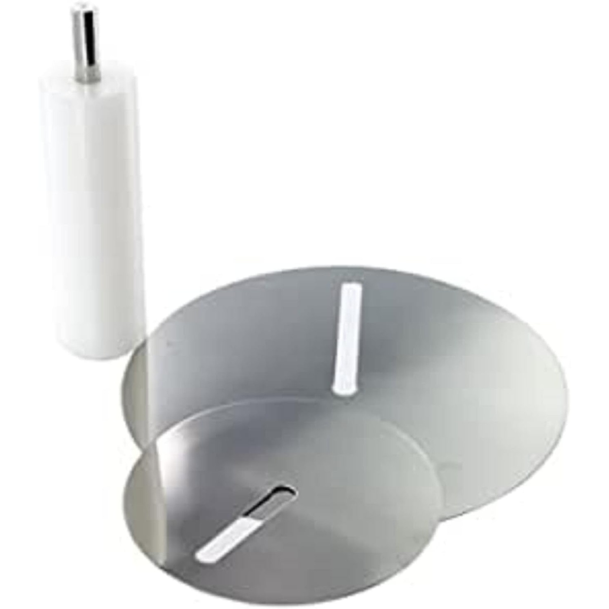 Ateco 4206 Fondant Strip Applicator disassembled components showing two stainless steel disks and a white food-grade plastic spool with steel post