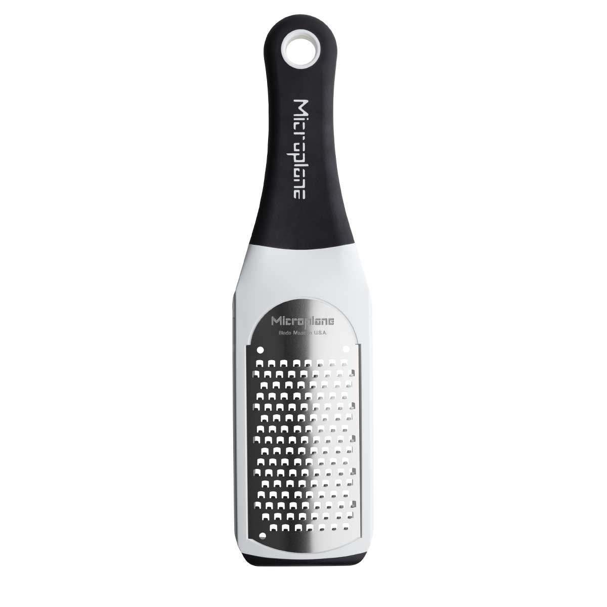 Microplane Artisan Series Coarse Grater in white with stainless steel blade on white background