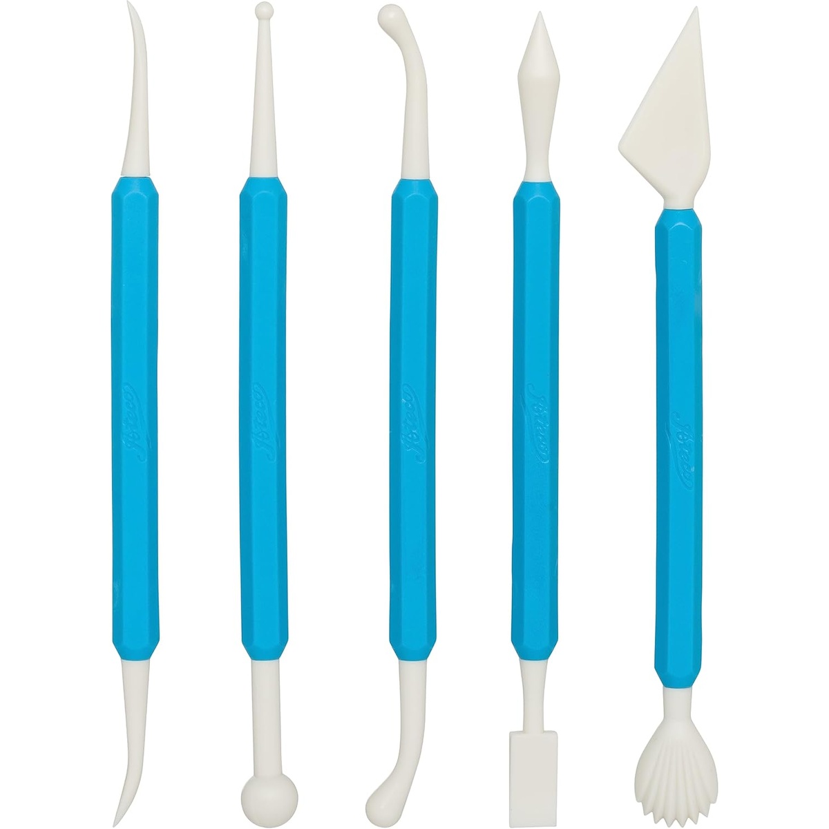 Ateco 4212 five-piece sculpting tool set with blue non-slip handles and 10 white shaped tips on white background