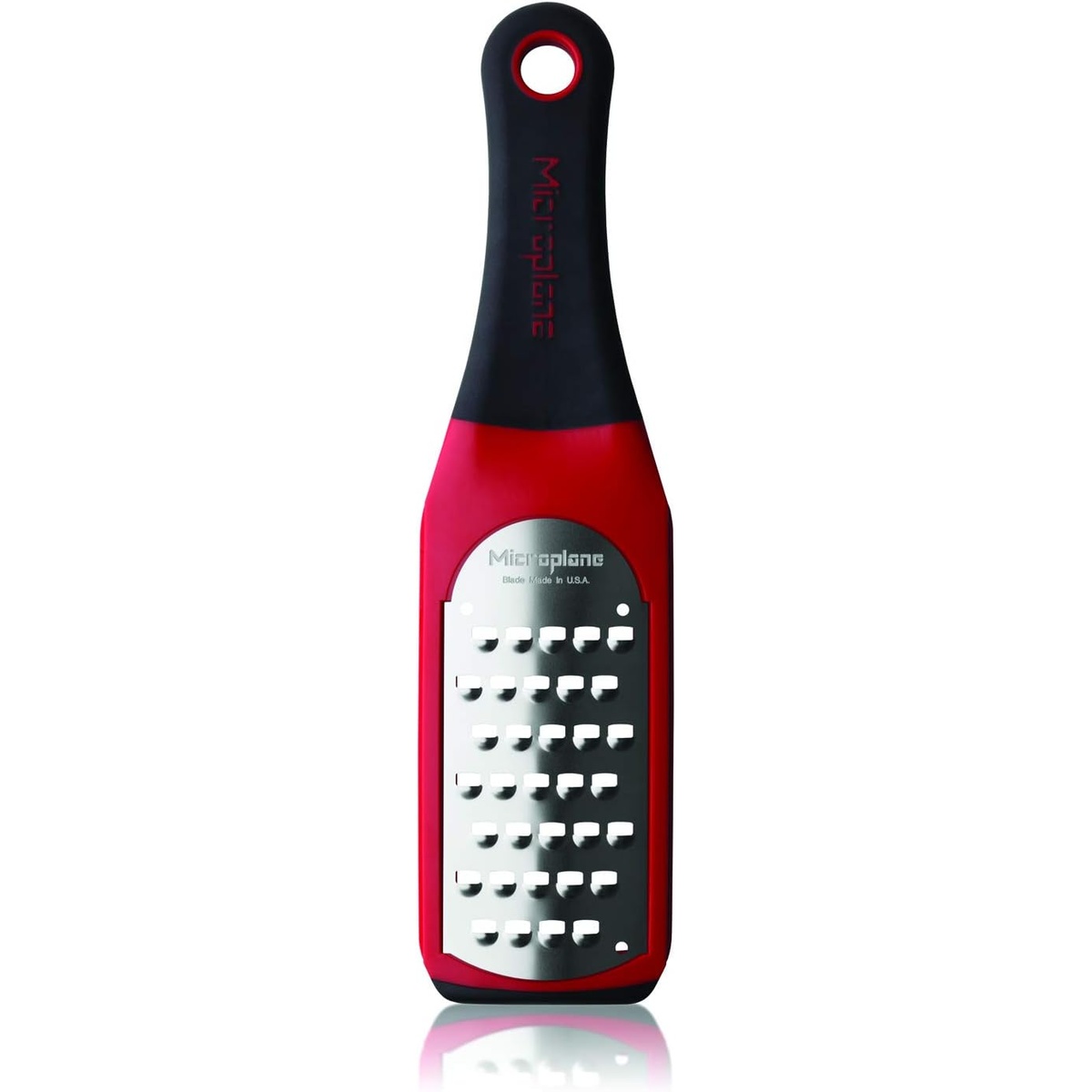 Microplane Artisan Series Extra Coarse Grater in red with black ergonomic handle and stainless steel blade