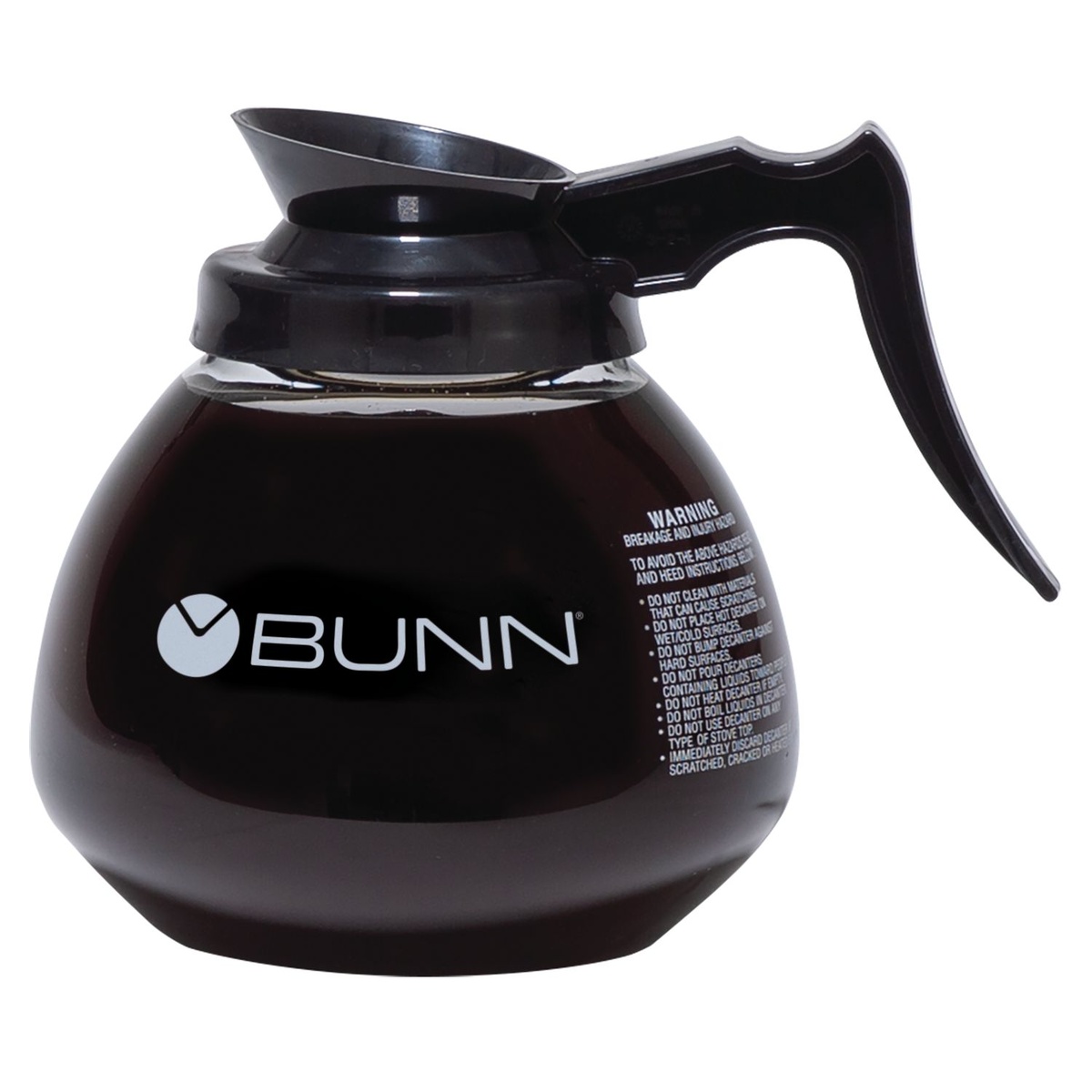 BUNN 64 oz black handle glass coffee decanter with BUNN logo on white background