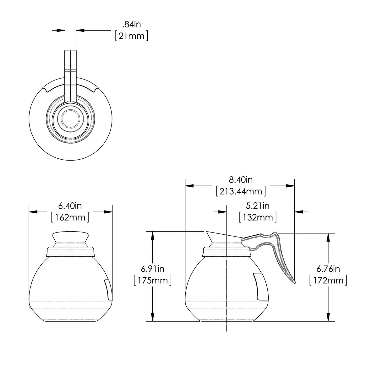 Technical dimension diagram of BUNN 64 oz glass coffee decanter showing height, width, body diameter, and brew tube measurements