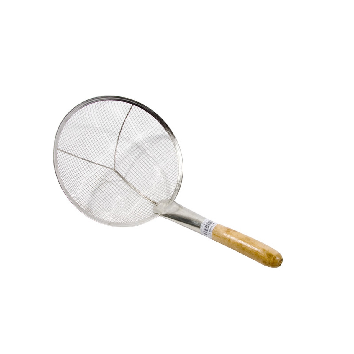 Town 42411 11-inch Cantonese strainer with round stainless steel mesh bowl and wood handle, full side view