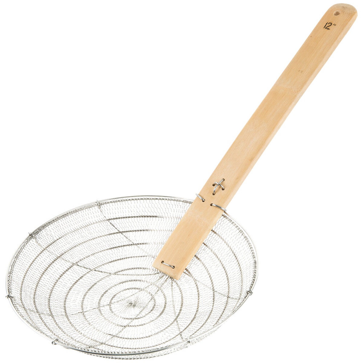 Town 42512 12-inch fine mesh stainless steel round skimmer with natural bamboo handle on white background