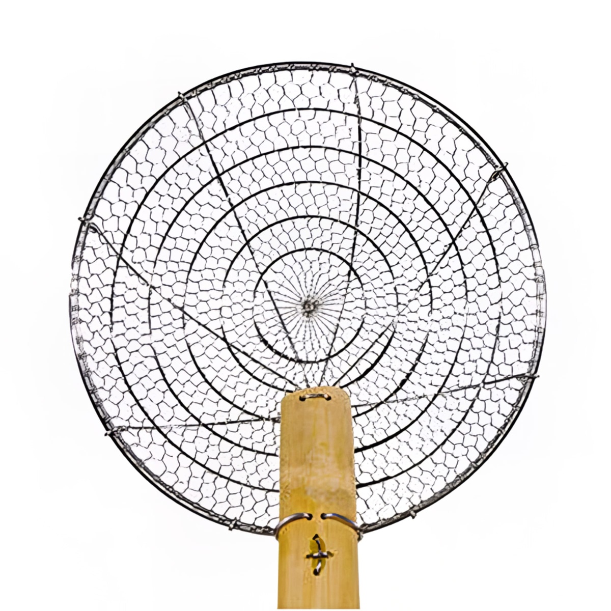 Front-on view of the Town 42606 skimmer coarse stainless steel mesh basket with bamboo handle