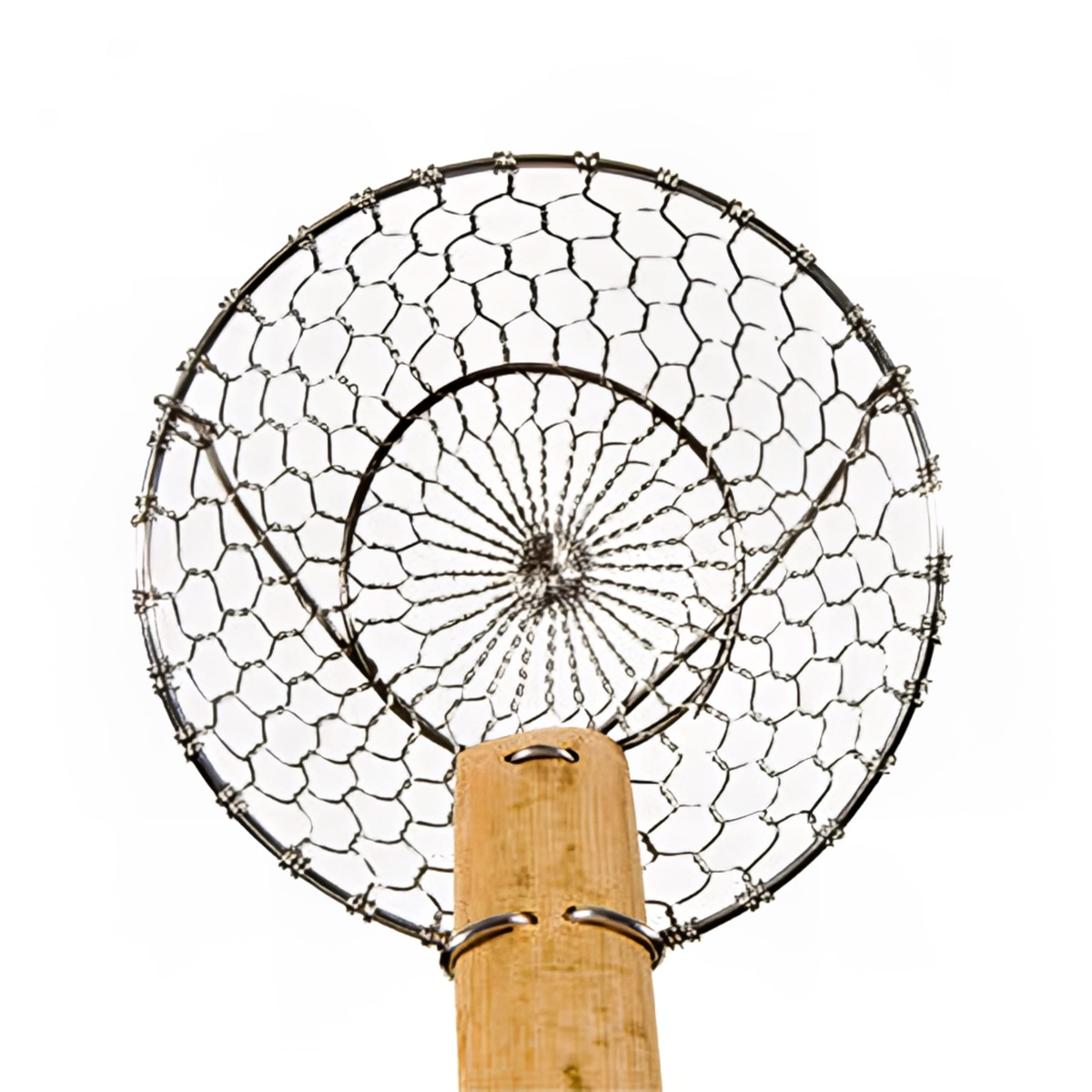 Angled underside view of the stainless steel coarse mesh skimmer bowl showing open hexagonal mesh pattern and bamboo handle attachment