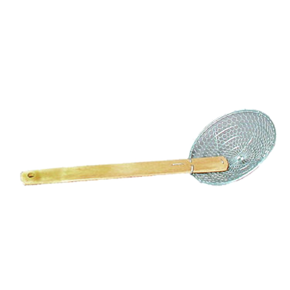 Town Equipment 42617 skimmer showing bamboo handle and mesh bowl at an angle