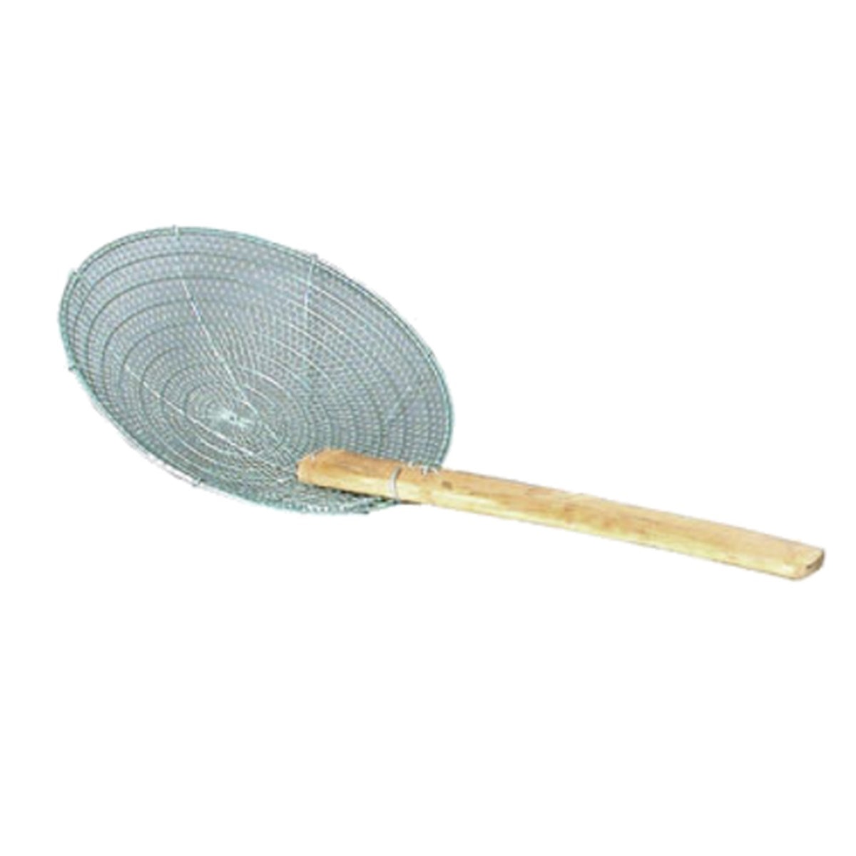 Town Equipment 42618 galvanized wire mesh skimmer showing bamboo handle detail and full basket profile