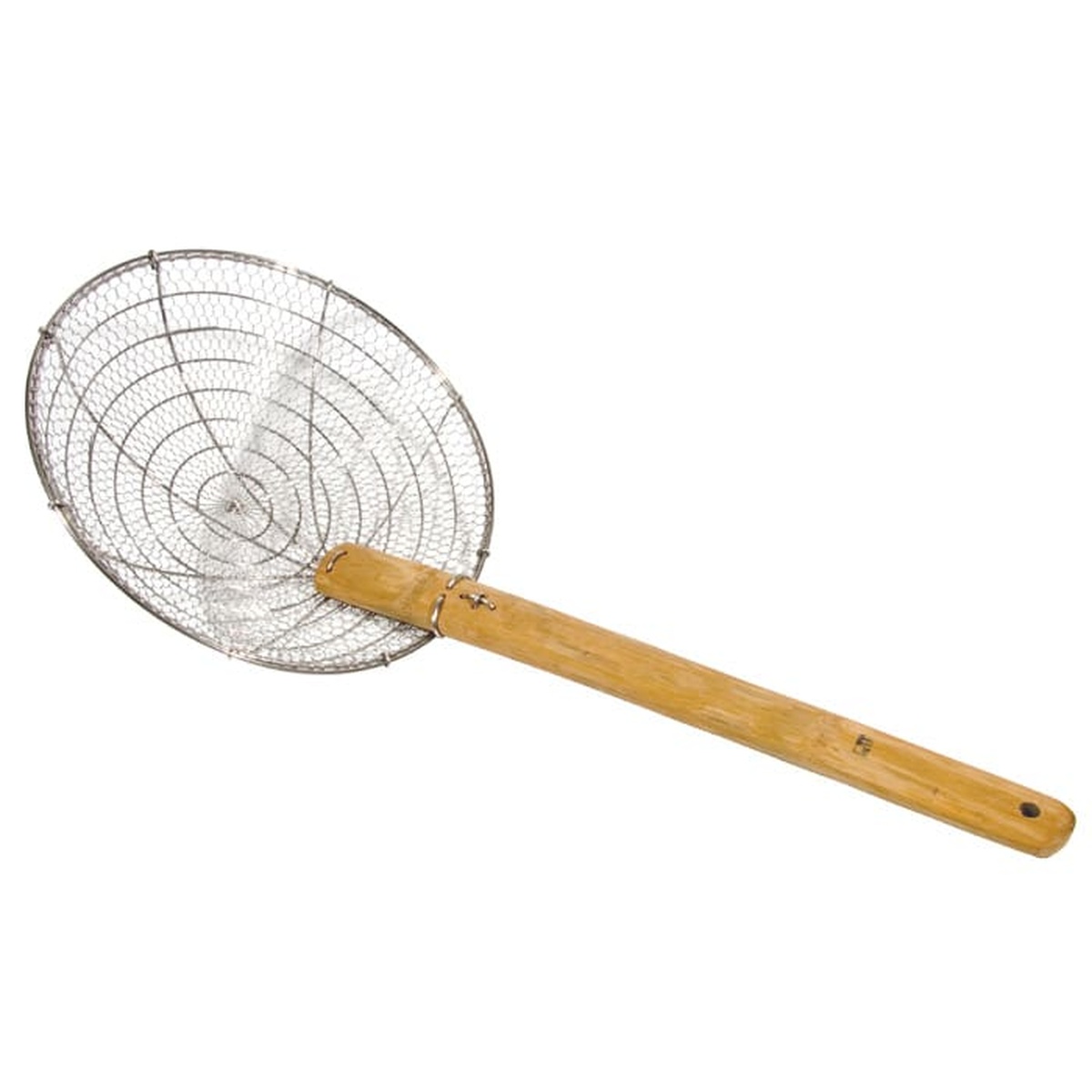 Town 42622 12-inch galvanized coarse mesh skimmer with bamboo handle on white background