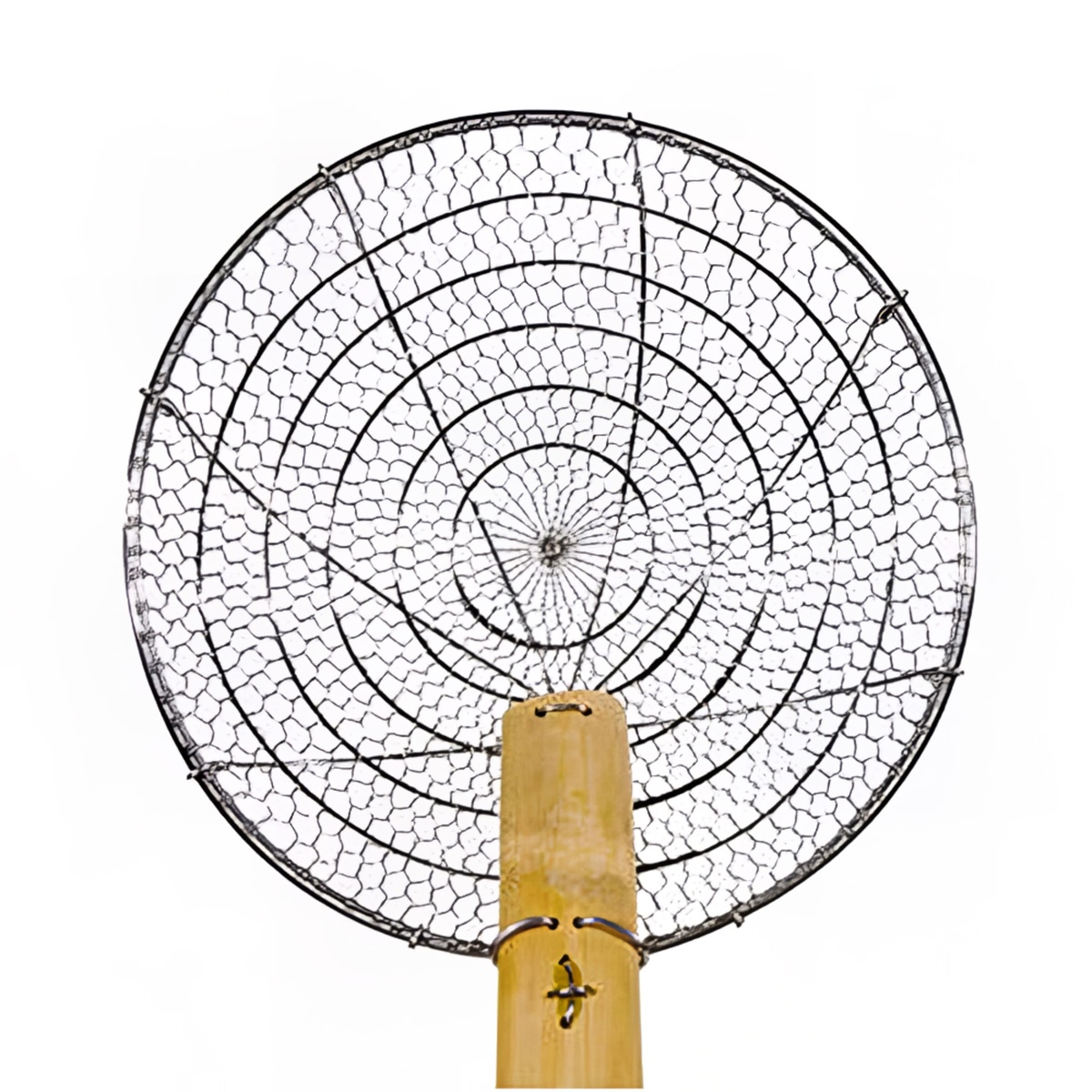 Close-up front view of the Town 42624 coarse mesh bowl showing wire pattern and bamboo handle attachment