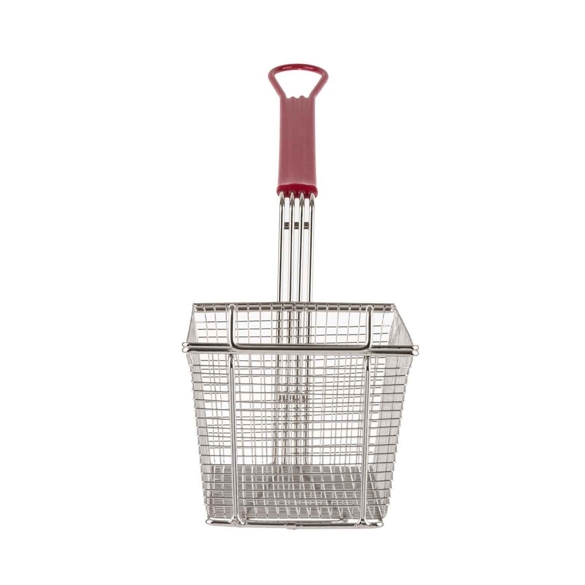 Tablecraft 427 fry basket top-down front view showing mesh depth and red vinyl handle grip