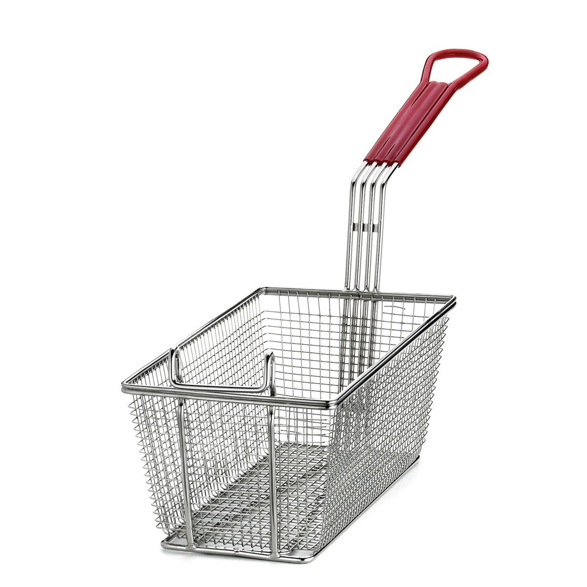 Tablecraft 427 rectangular fry basket with red vinyl handle, angled front view showing mesh body and front hook