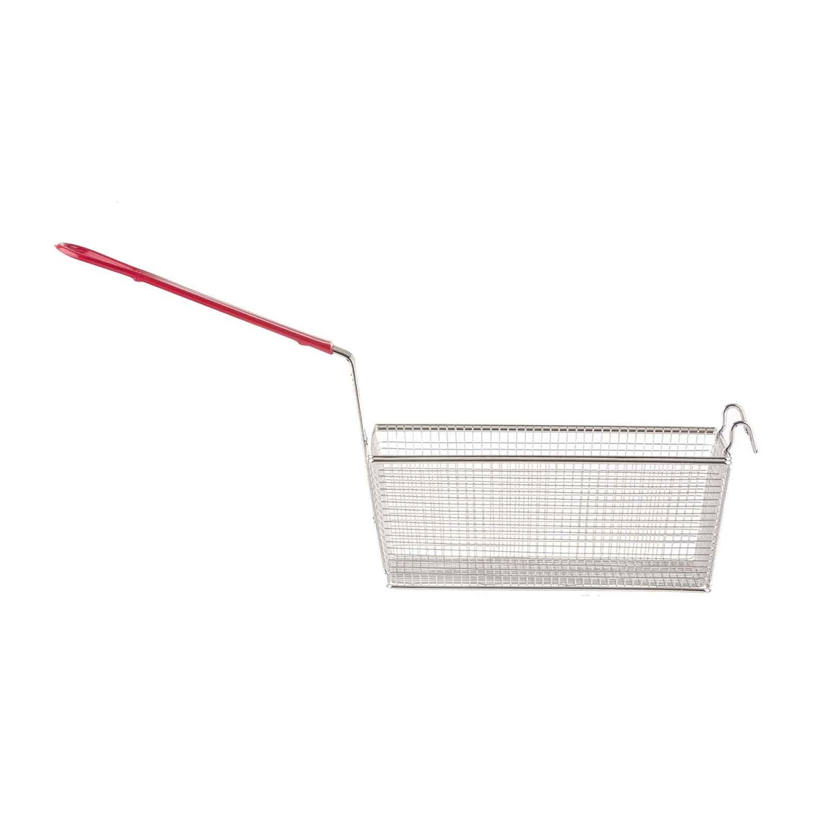 Tablecraft 427 fry basket side profile view clearly showing front hook and red handle