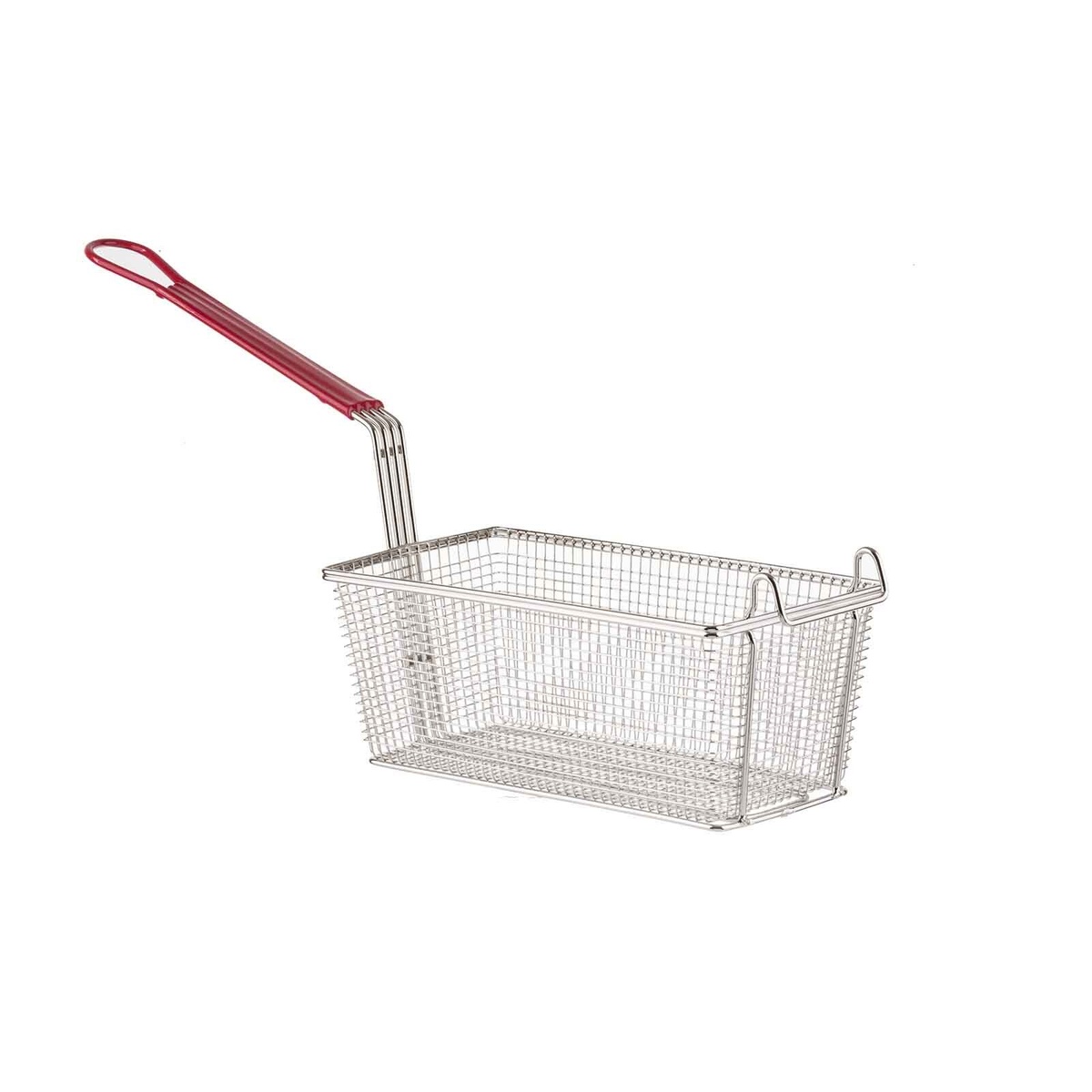 Tablecraft 427 rectangular fry basket three-quarter view showing full mesh basket and red vinyl handle